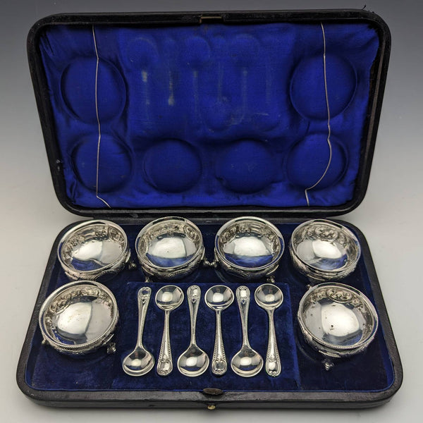 Around 1900 British antique silver plate salt dish & spoon 6 pair set in case
